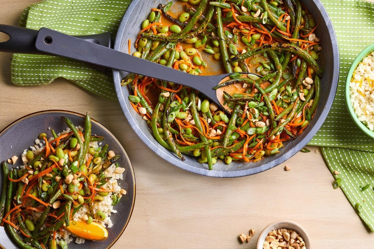 curried-blistered-green-beans-with-orange-rice-recipe
