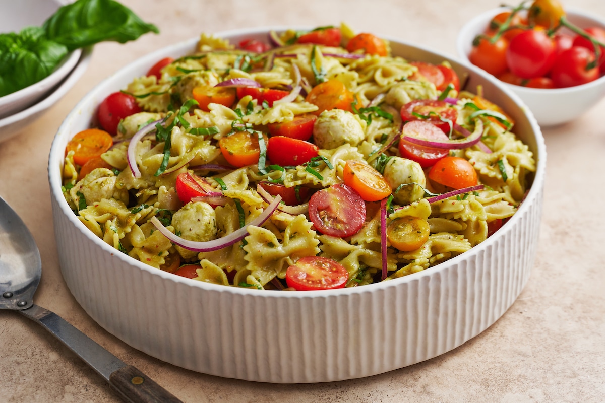 warm-pasta-salad-with-peppers-tomatoes-and-purple-basil-recipe